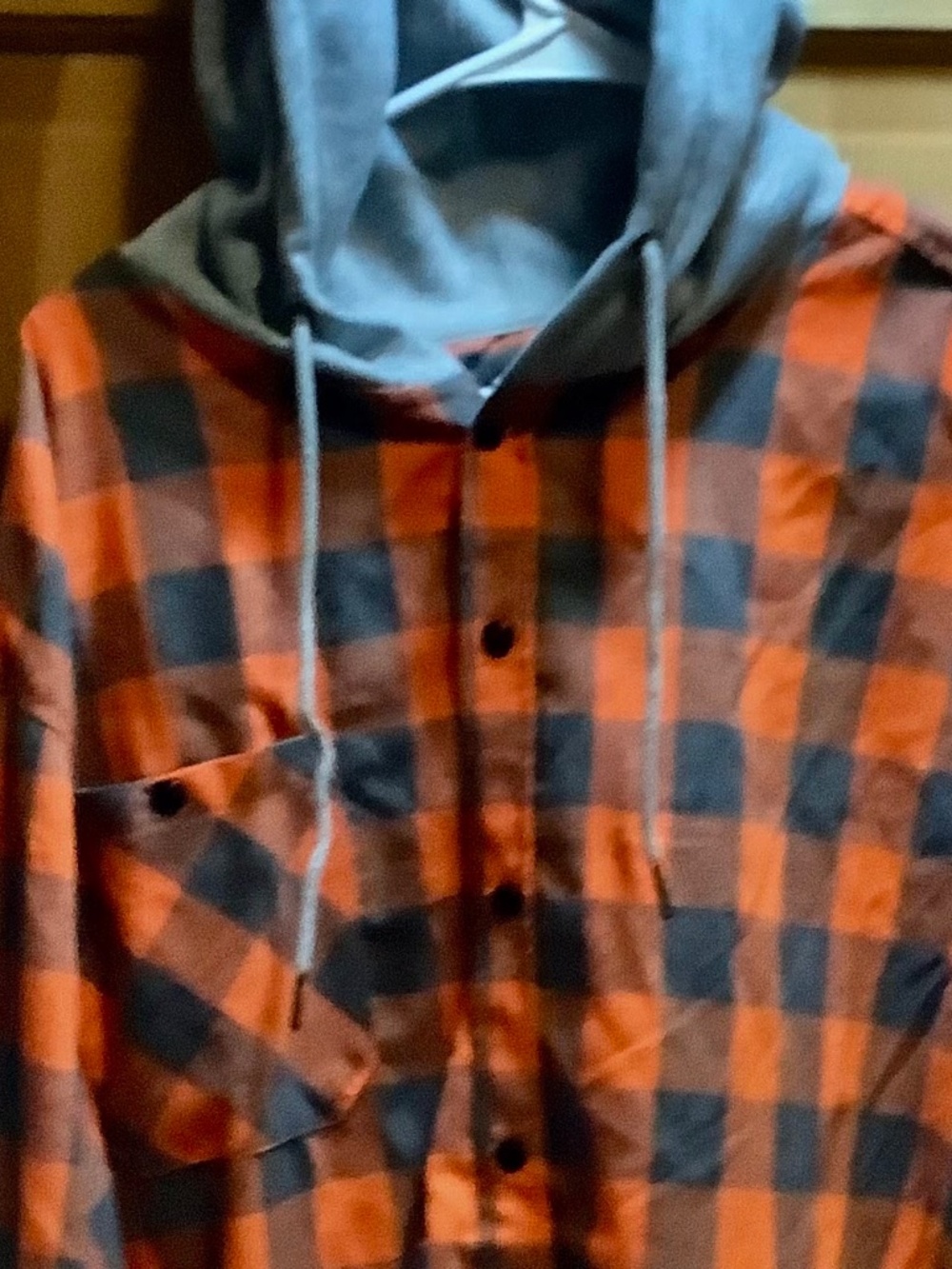 Men's Orange/Gray Plaid Hooded Button-Up Shirt Jacket w/ Pockets 3XL